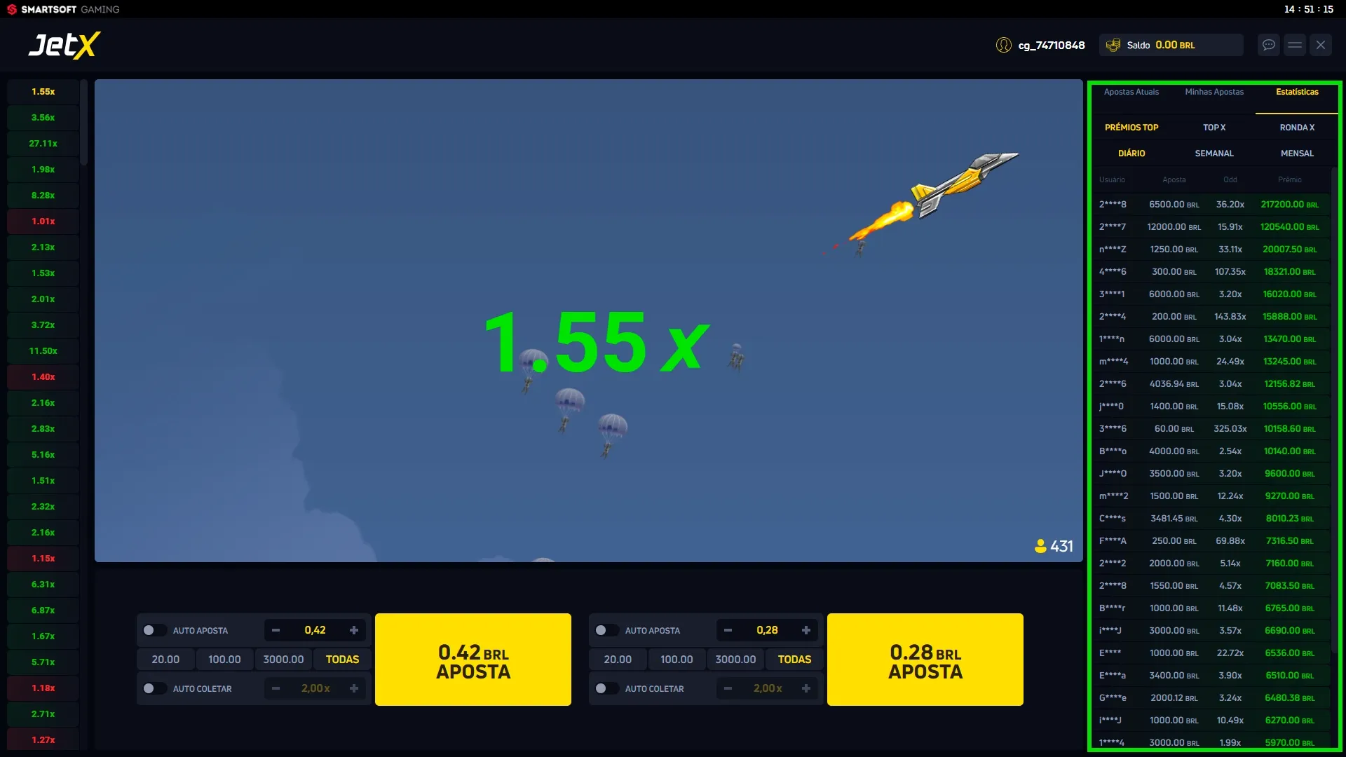 Botão Coletar do JetX ativo durante o voo com multiplicador em 3.45x