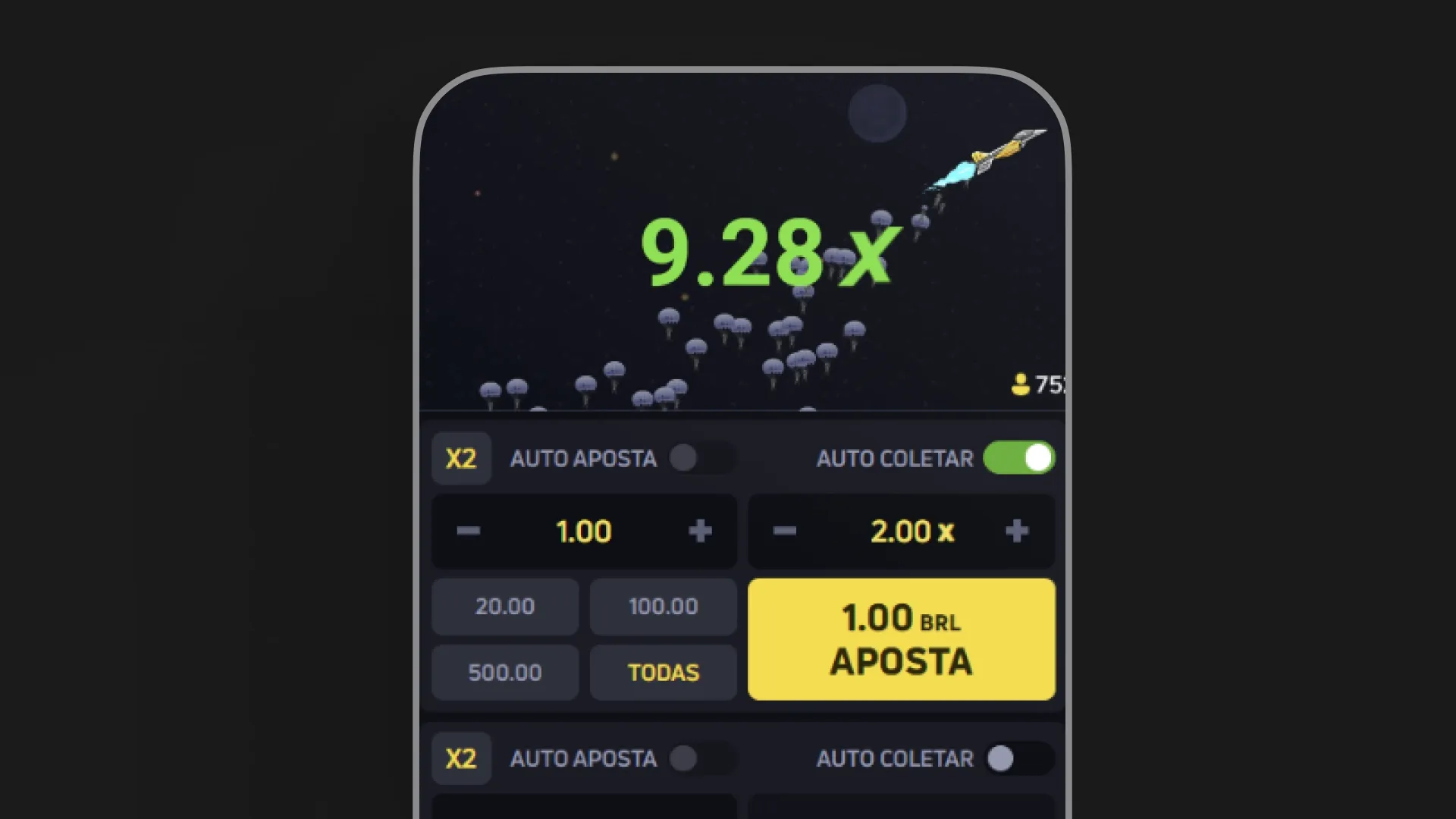 JetX no Android com aposta dupla simultânea configurada