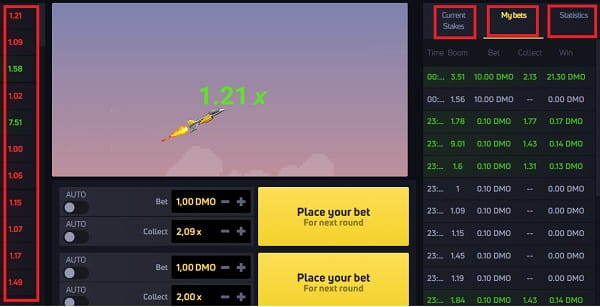 Histórico de rodadas do JetX mostrando variância